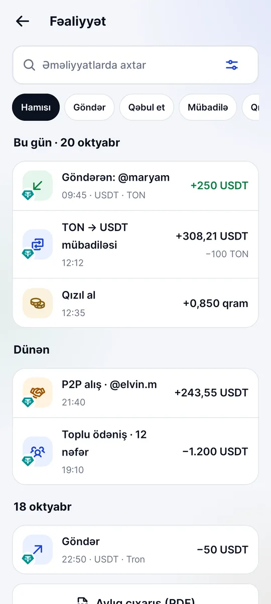 Fəaliyyət ekranı: daxil olan ödənişlər, mübadilələr və aylıq PDF çıxarış