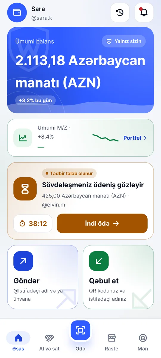 Waletifi əsas ekranı: ümumi balans, göndər və qəbul et düymələri və aktivlərin
