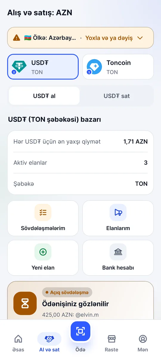 Al və sat ekranı: ən yaxşı qiymət, aktiv elanlar və açıq sövdələşmə ilə USDT bazarı