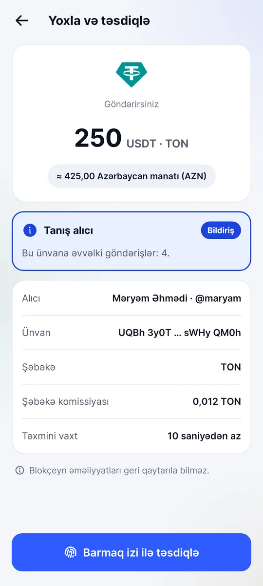 @maryam-a 250 USDT göndərməzdən əvvəl yoxlama ekranı; şəbəkə komissiyası və tanış alıcı bildirişi ilə