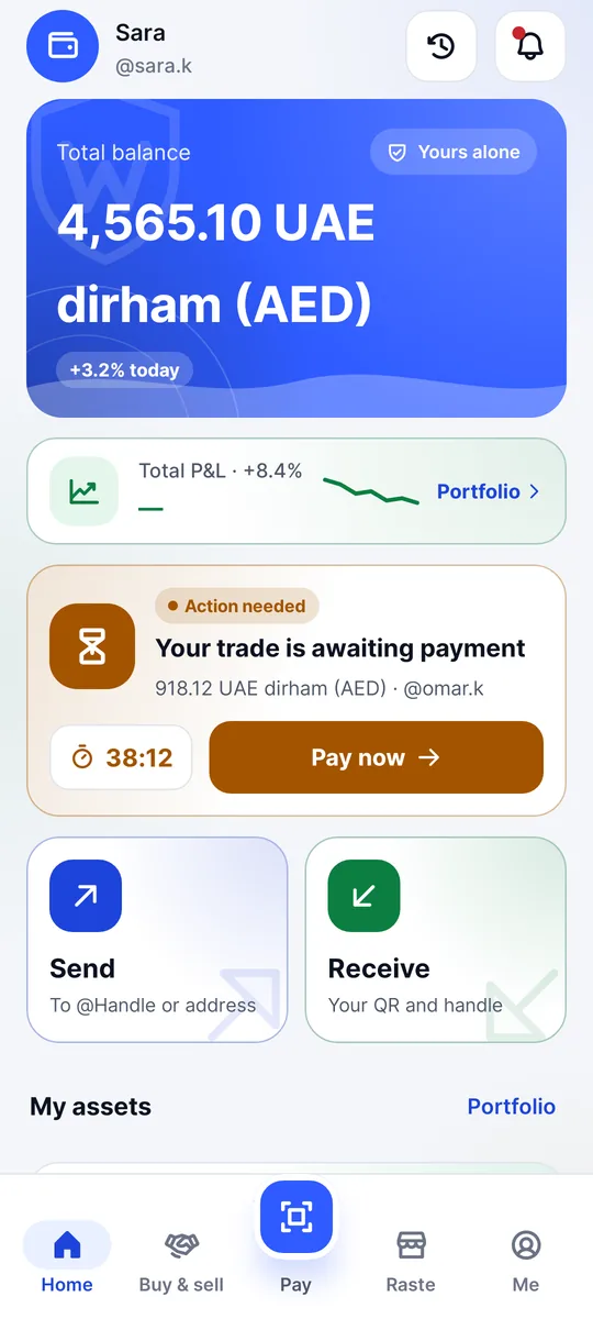 Tela inicial da Waletifi (app em inglês): saldo total, enviar e receber, e seus ativos