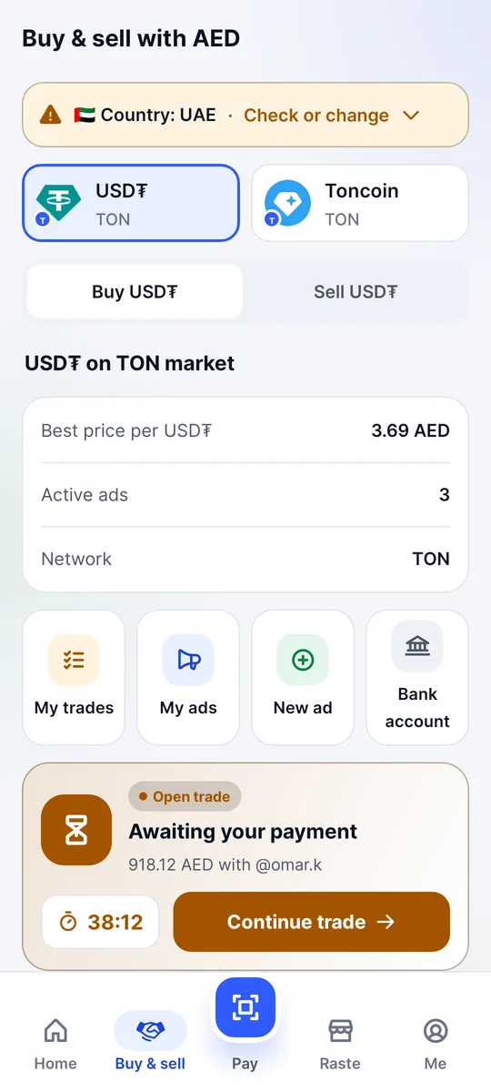 Tela de compra e venda: mercado de USDT com melhor preço, anúncios ativos e uma negociação aberta (app em inglês)