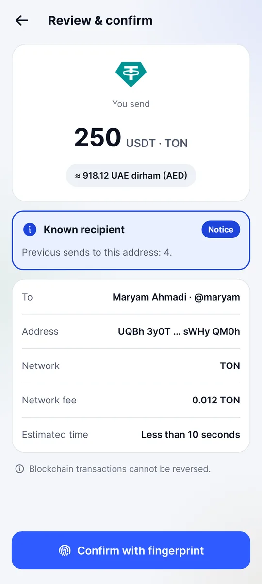 Tela de revisão antes de enviar 250 USDT para @maryam, com taxa de rede e aviso de destinatário conhecido (app em inglês)