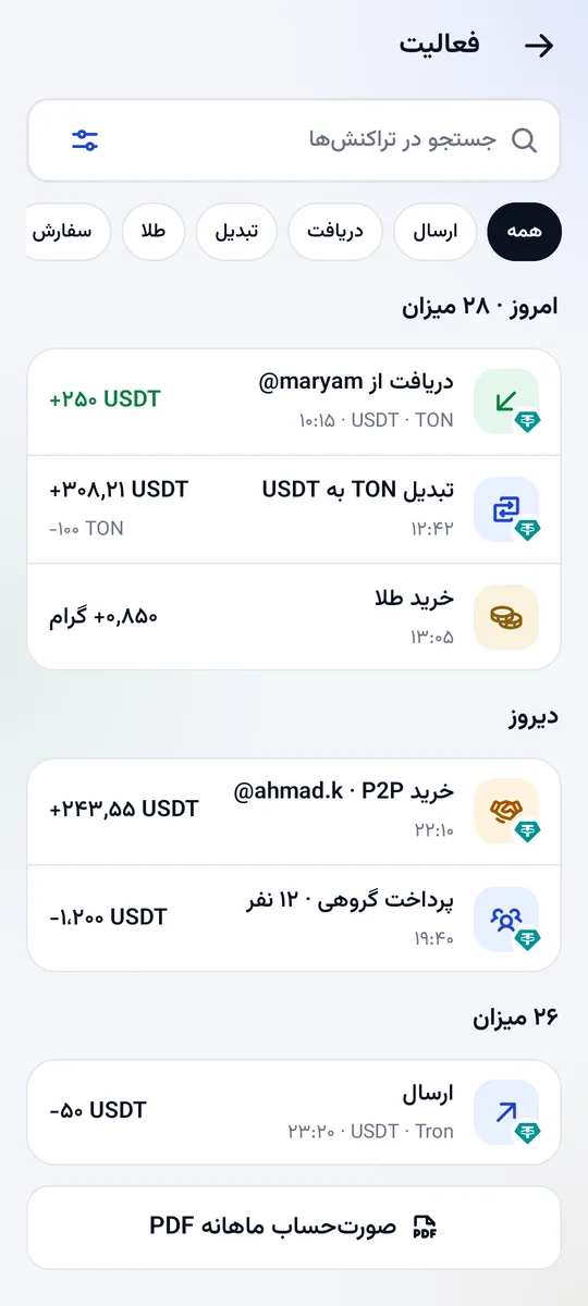صفحهٔ فعالیت: پرداخت‌های دریافتی، تبادله‌ها و صورت‌حساب ماهانهٔ PDF