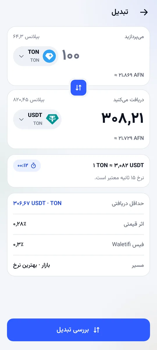 صفحهٔ تبادله: از تون به تتر با حداقل دریافتی، اثر قیمت و فیس