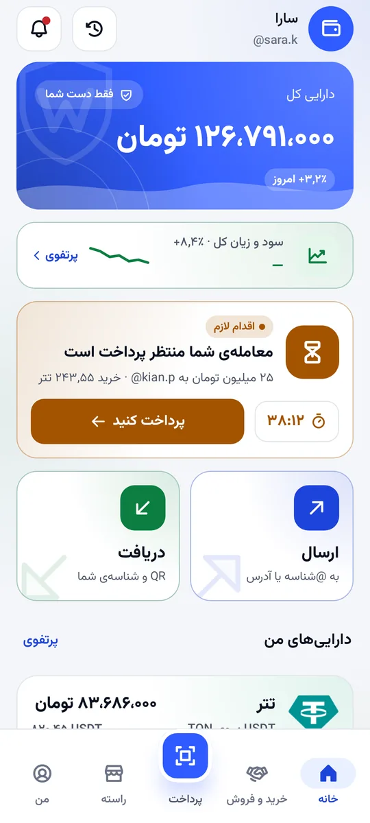 صفحه‌ی اصلی ولتیفای: دارایی کل، ارسال و دریافت و فهرست دارایی‌ها