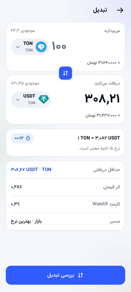 صفحه‌ی تبدیل: از تون به تتر با حداقل دریافتی، اثر قیمتی و کارمزد