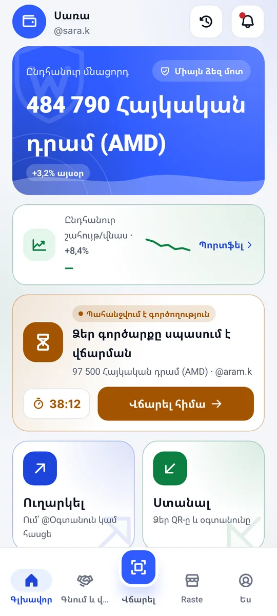 Waletifi-ի գլխավոր էկրան՝ ընդհանուր մնացորդ, ուղարկել և ստանալ, ձեր ակտիվները