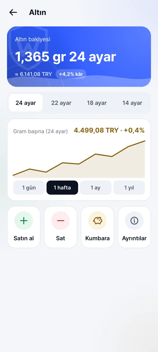 Altın ekranı: gram olarak altın bakiyesi, gram fiyatı ve fiyat grafiği