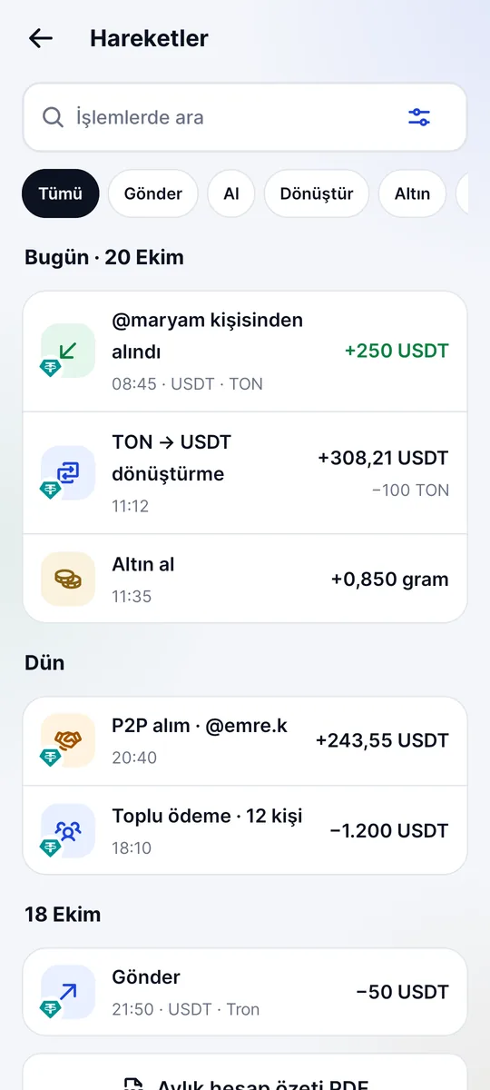 Hareketler ekranı: gelen ödemeler, dönüştürmeler ve aylık PDF hesap özeti