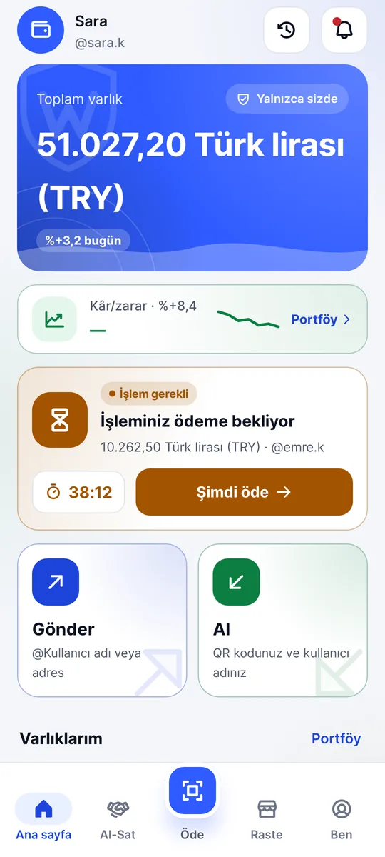 Waletifi ana ekranı: toplam varlık, gönder ve al düğmeleri ve varlıkların