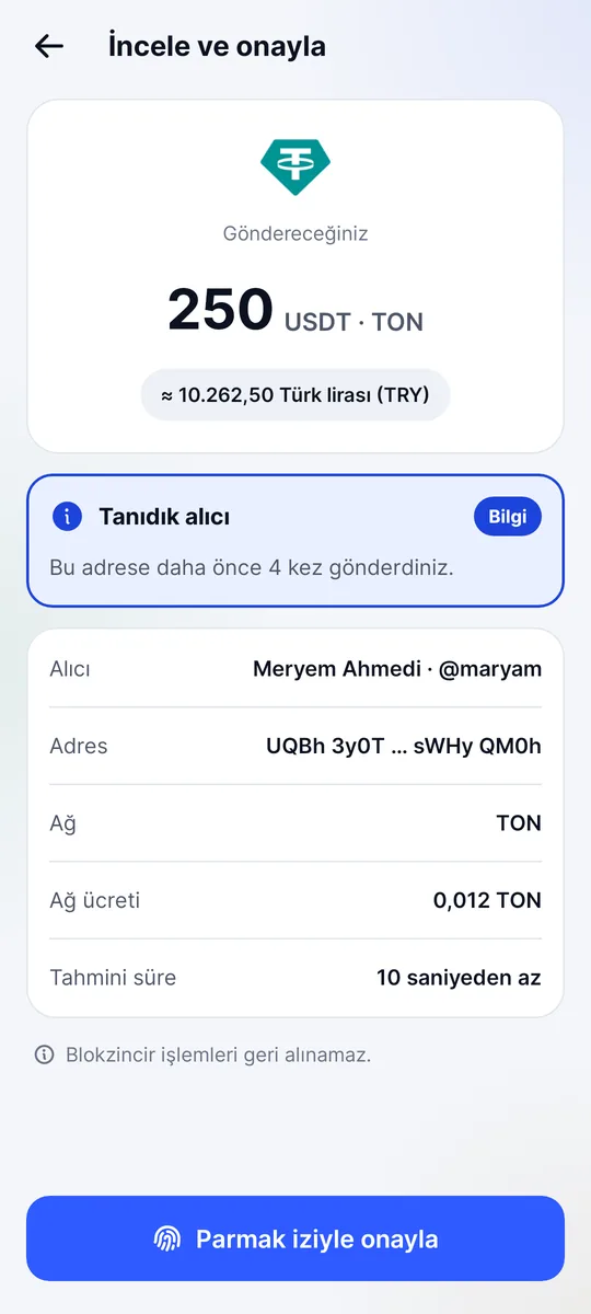 @maryam’a 250 USDT göndermeden önceki onay ekranı; ağ ücreti ve tanıdık alıcı bildirimiyle