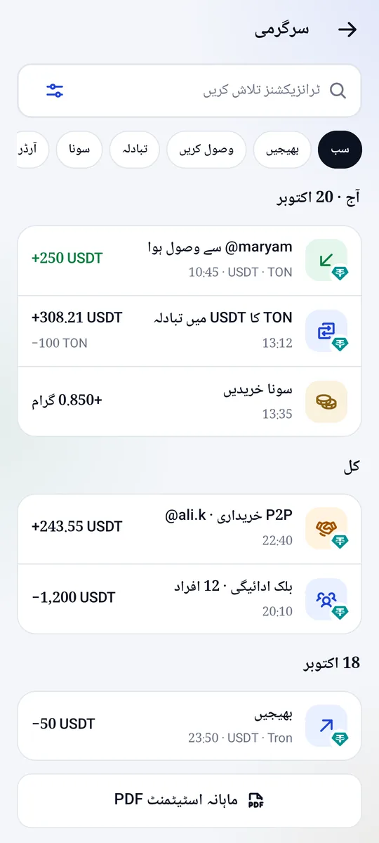 سرگرمی کی اسکرین: موصول ادائیگیاں، تبادلے اور ماہانہ PDF اسٹیٹمنٹ