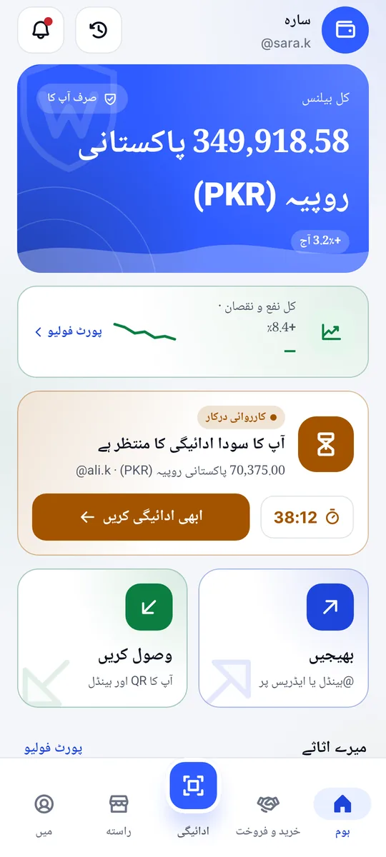 ولتیفای کی ہوم اسکرین: کل بیلنس، بھیجیں اور وصول کریں، اور آپ کے اثاثے
