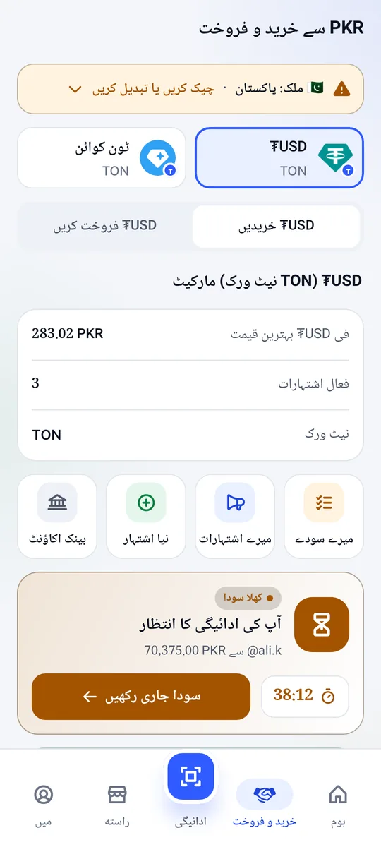 خرید و فروخت کی اسکرین: بہترین قیمت، فعال اشتہارات اور ایک کھلے سودے کے ساتھ USDT مارکیٹ